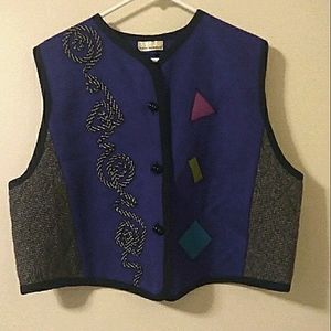 Vintage Lynn Murray 80's Colorblock Embroidered Wool Vest, Large